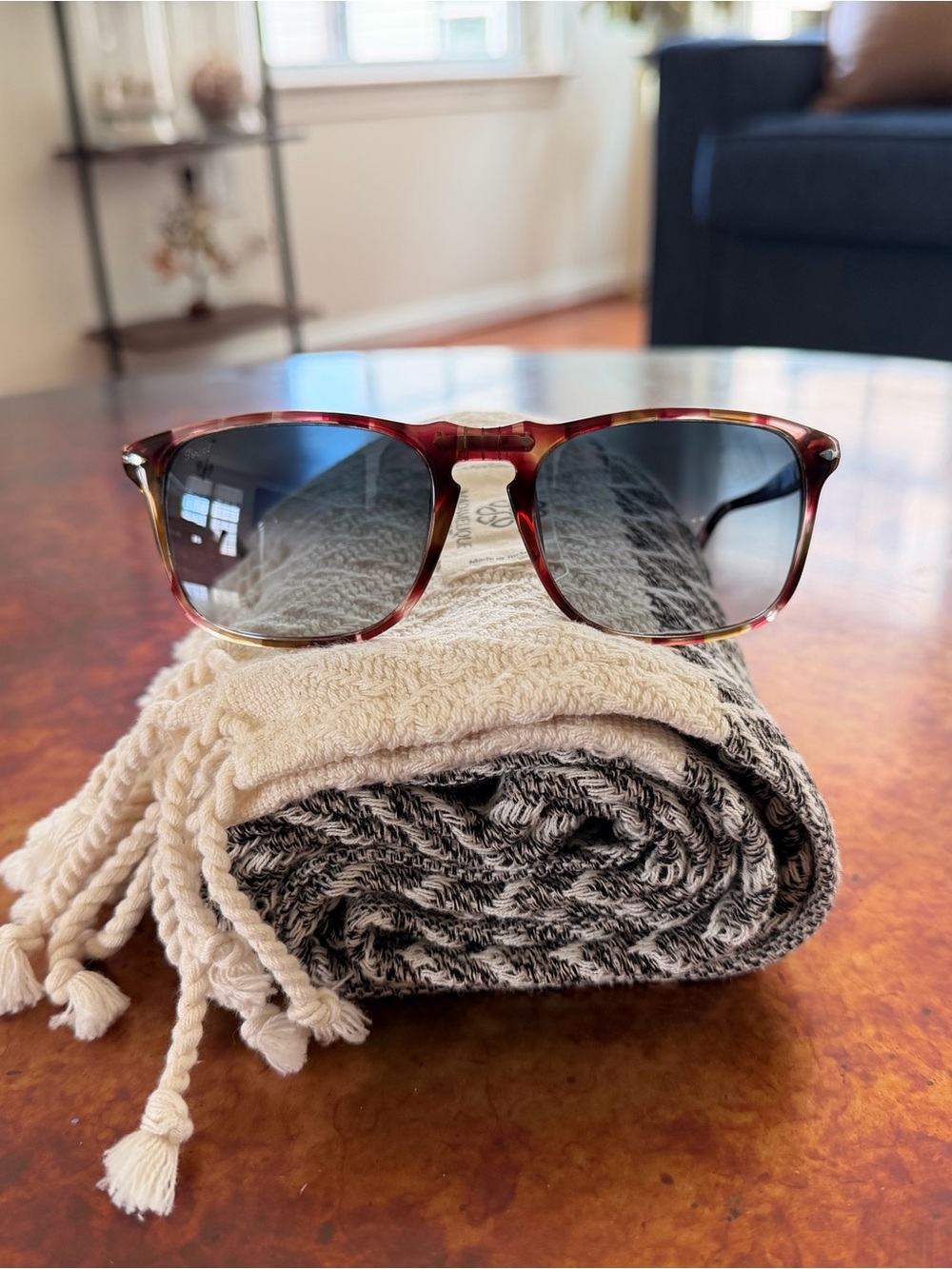 Persol Men's Tortoiseshell Frame Sunglasses with Gray/blue Gradient Lenses.